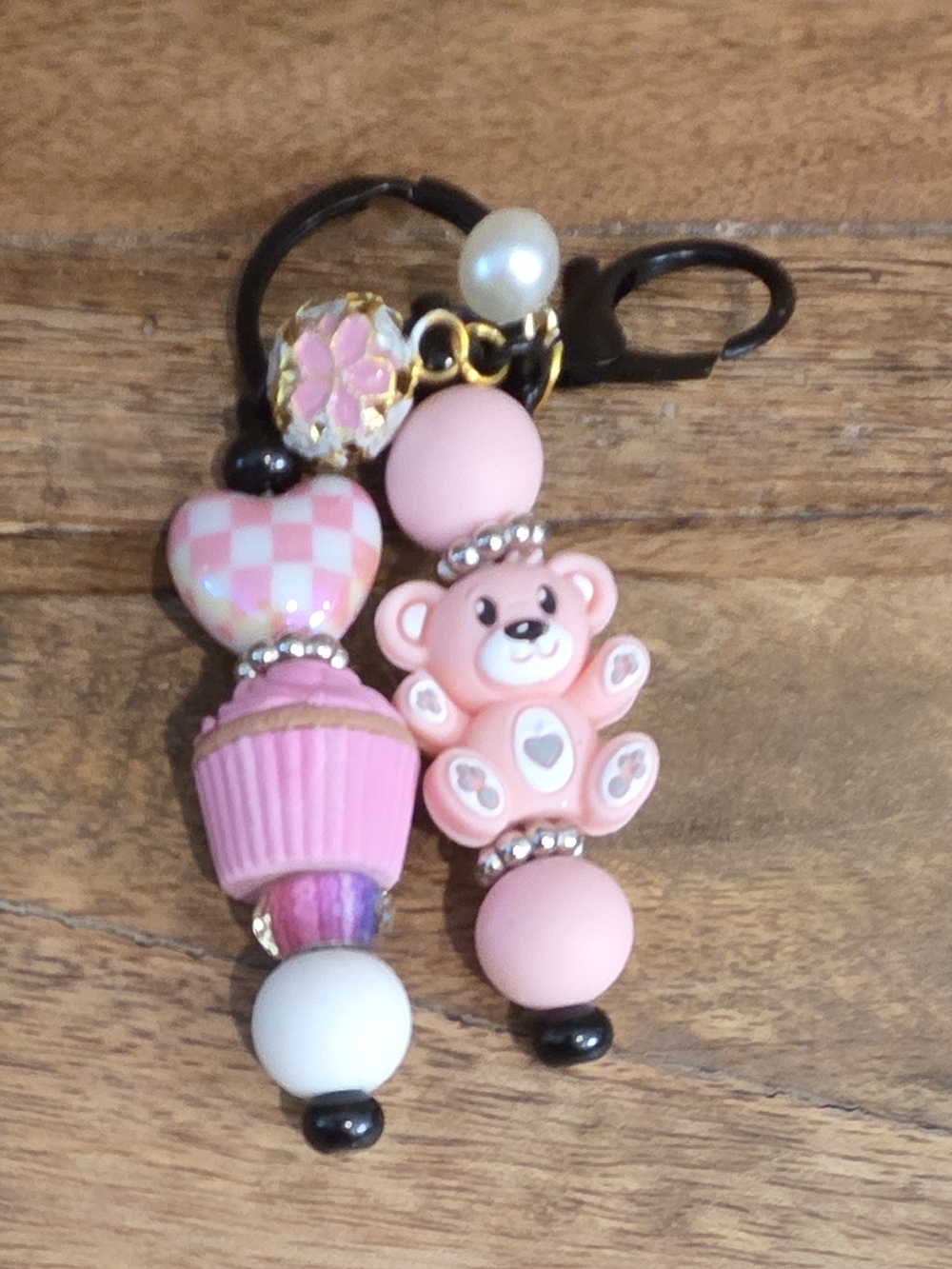 Pink Teddy & Cupcake Beaded Keychain Bag Charm